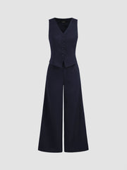 Solid V-neck Button Vest Wide Leg Jumpsuit