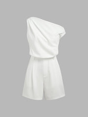 Asymmetrical Neck Solid Pleated Romper