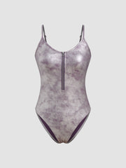 Metallic Scoop Neckline Solid Zipper Bodysuit