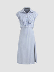 Cotton-blend Collar Striped Split Midi Shirt Dress