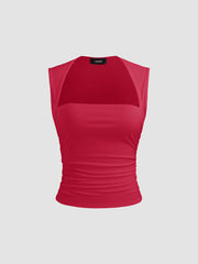 Square Neck Solid Ruched Tank Top