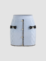 Knit Mid Rise Contrasting Binding Bowknot Mini Skirt