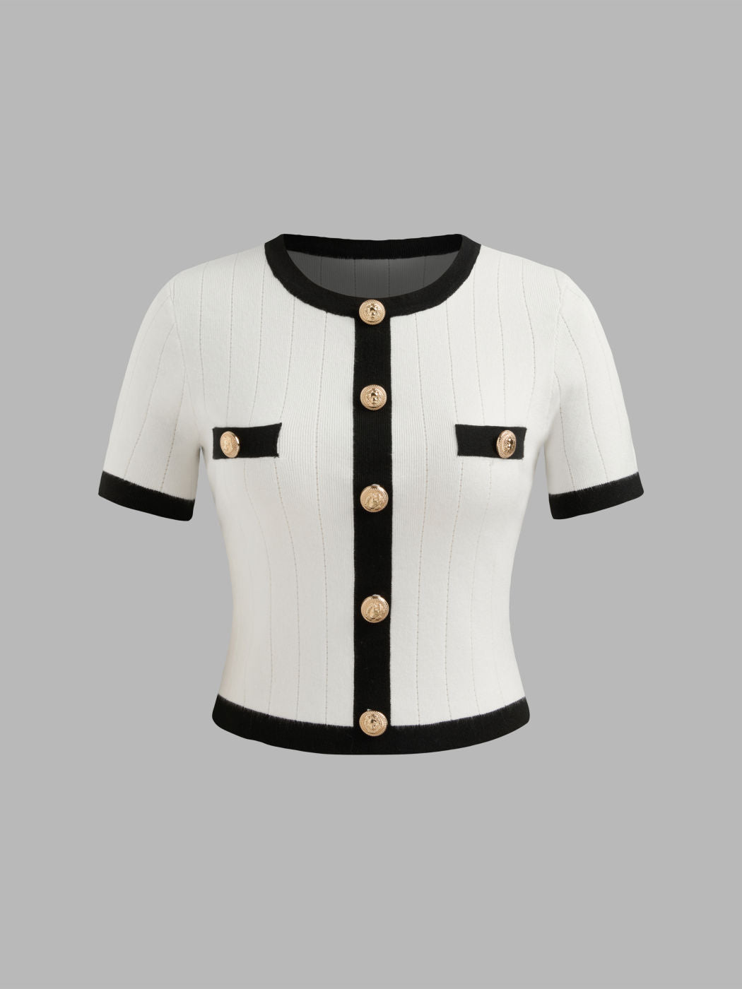 Knitted Round Neck Contrasting Binding Short Sleeve Top