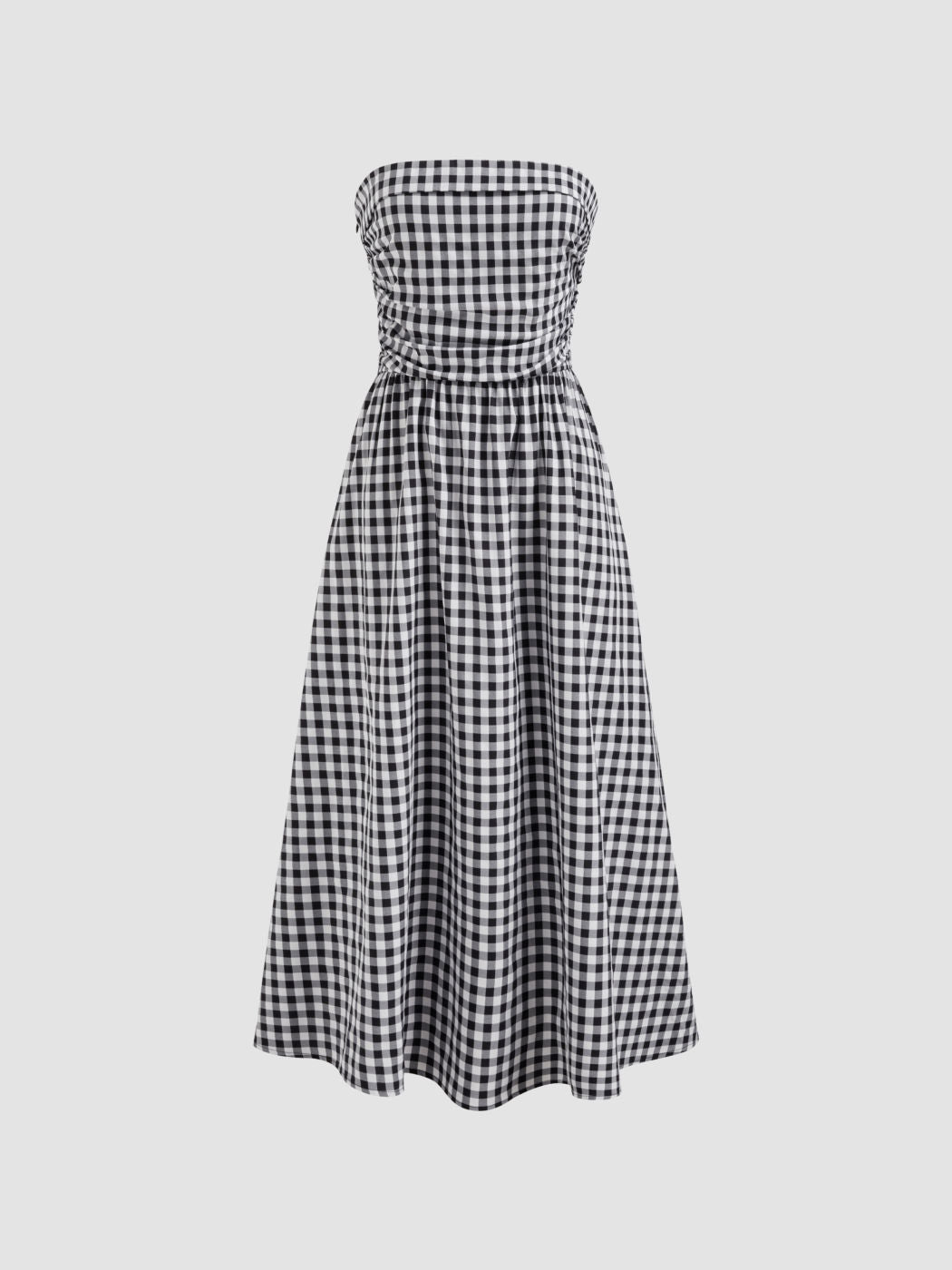 Tube Gingham Ruffle Shirred Zipper Midi Dress