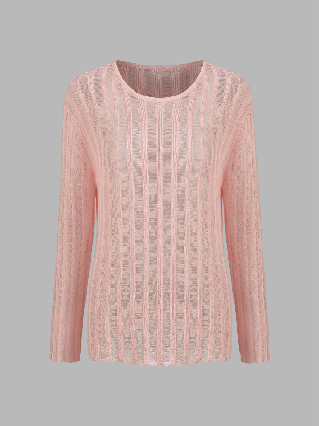 Knit Round Neckline Solid See-through Striped Long Sleeve Top