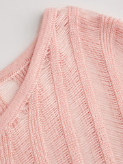 Knit Round Neckline Solid See-through Striped Long Sleeve Top