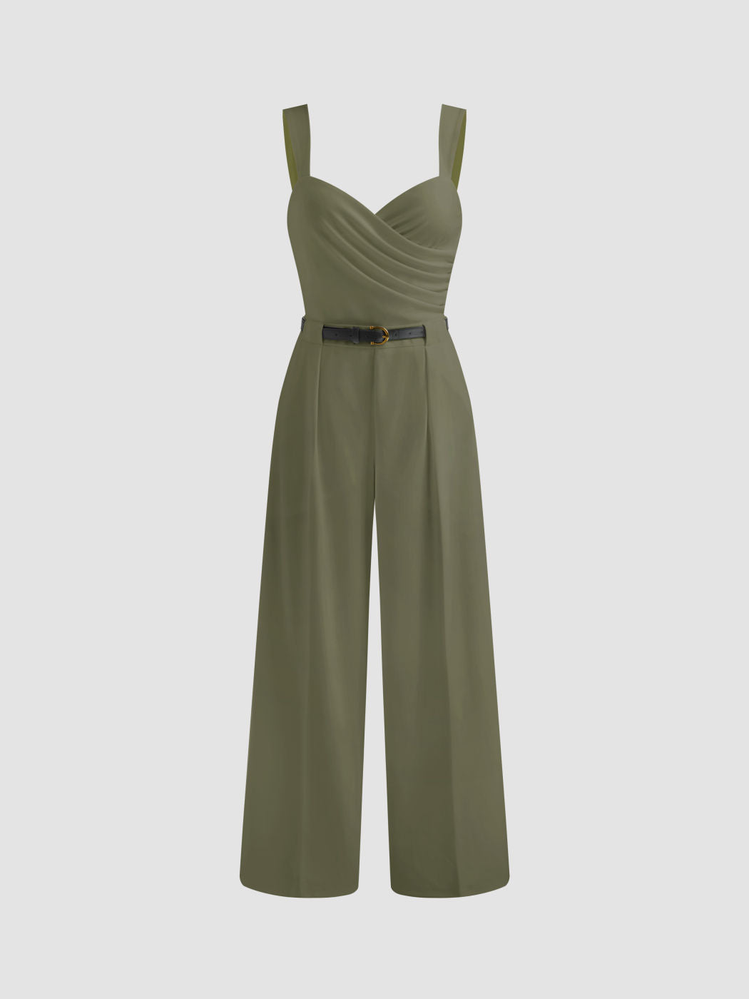 V-neck Solid Ruched Wrap Jumpsuit With Belt