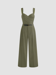 V-neck Solid Ruched Wrap Jumpsuit With Belt