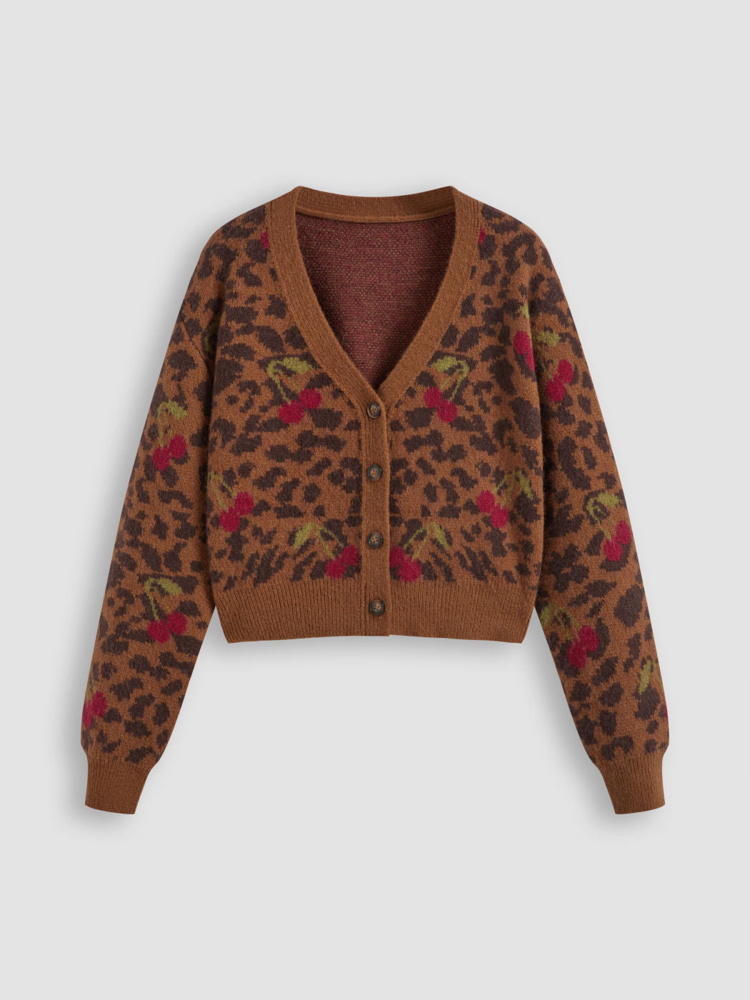 Knit V-neck Leopard Cherry Button Cardigan