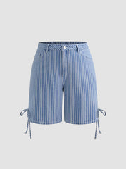 Denim Mid Rise Striped Knotted Pocket Knee Length Wide Leg Shorts Curve & Plus