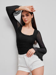 Solid Mesh Bell Sleeve Ruched Bodysuit