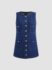 Denim Round Neckline Solid Pocket Button Mini Dress