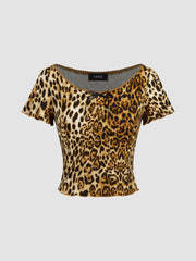 Boat Neckline Leopard Bowknot Crop Short Sleeve Tee