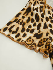Boat Neckline Leopard Bowknot Crop Short Sleeve Tee