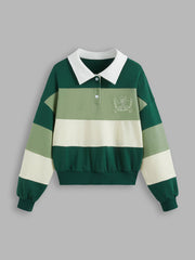 Cotton-blend Polo Striped Embroidery Sweatshirt
