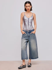 Metallic Scoop Neckline Solid Zipper Bodysuit