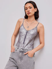 Metallic Scoop Neckline Solid Zipper Bodysuit
