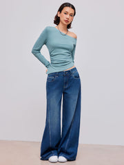 Asymmetrical Neck Solid Ruched Long Sleeve Top