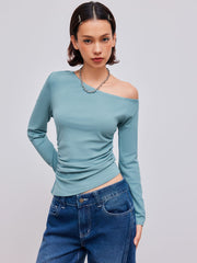 Asymmetrical Neck Solid Ruched Long Sleeve Top