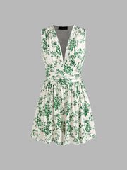 V-neck Floral Ruched Romper