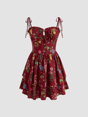 Woven Floral & Fruit Ruffle Hem Knotted Layered Mini Dress