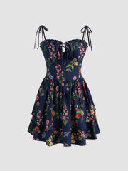 Woven Floral & Fruit Ruffle Hem Knotted Layered Mini Dress