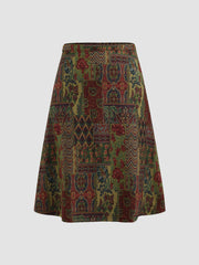 Mid Rise Aztec Ruffle Midi Skirt