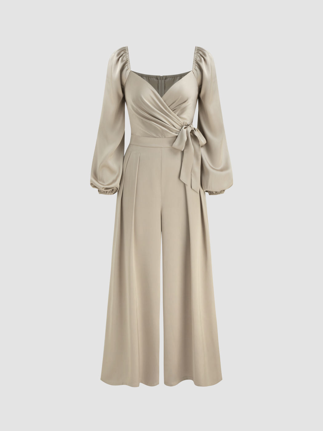 V-neck Solid Wrap Pleated Knotted Wide Leg Jumpsuit