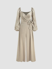 V-neck Solid Wrap Pleated Knotted Wide Leg Jumpsuit