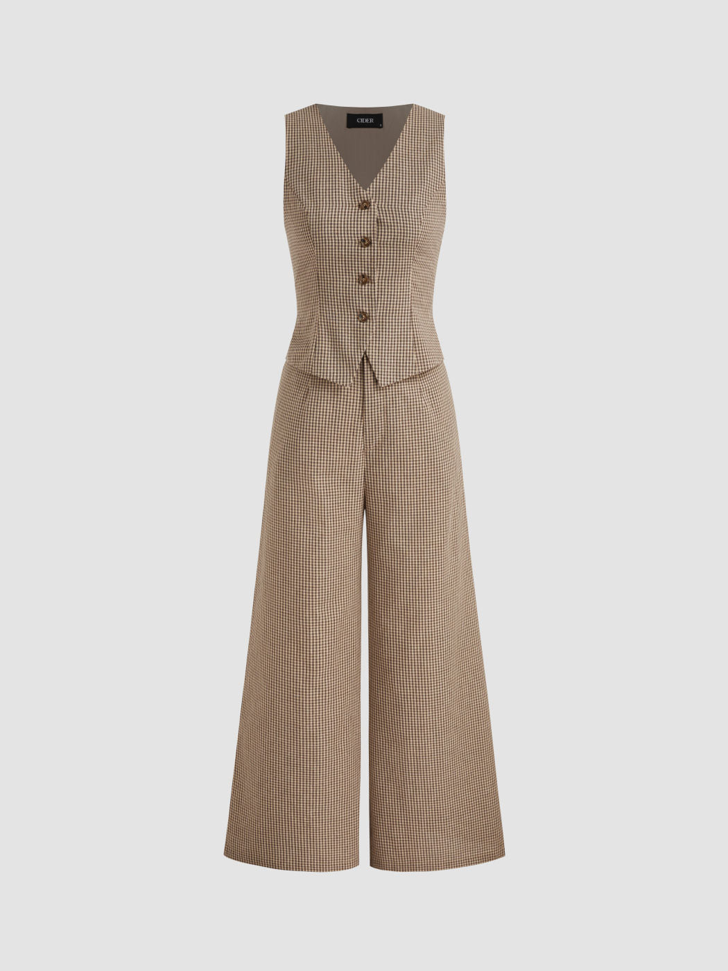Cotton-blend V-neck Gingham Button Pocket Wide Leg Jumpsuit