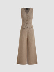 Cotton-blend V-neck Gingham Button Pocket Wide Leg Jumpsuit