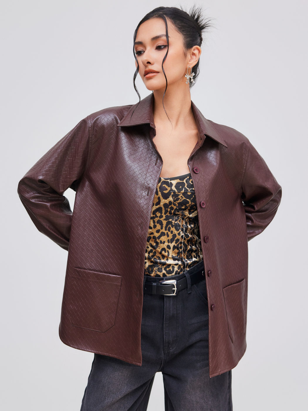 Faux Leather Collar Solid Pocket Shacket
