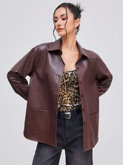 Faux Leather Collar Solid Pocket Shacket
