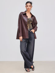 Faux Leather Collar Solid Pocket Shacket