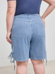 Denim Mid Rise Striped Knotted Pocket Knee Length Wide Leg Shorts Curve & Plus