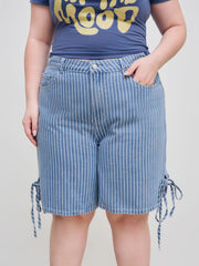 Denim Mid Rise Striped Knotted Pocket Knee Length Wide Leg Shorts Curve & Plus