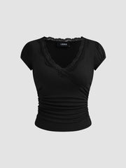 Jersey Low-Rise Flared Trousers & Lace Trim Ruched Tee
