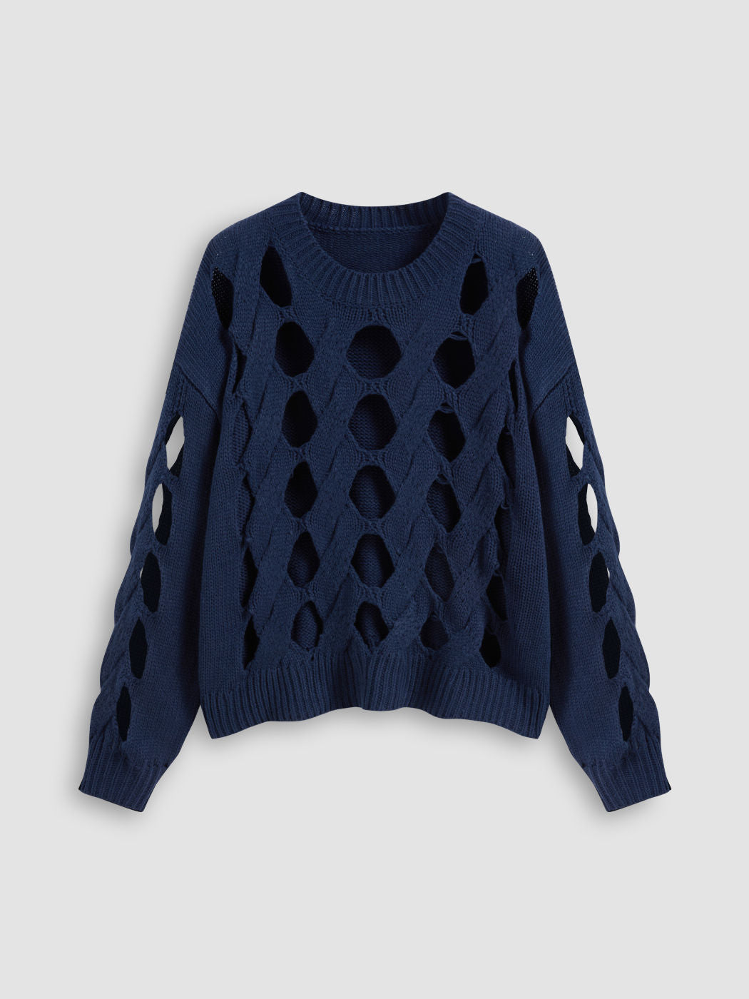 Knitted Round Neckline Solid Hollow Out Oversized Long Sleeve Top