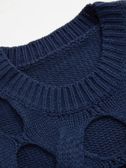 Knitted Round Neckline Solid Hollow Out Oversized Long Sleeve Top