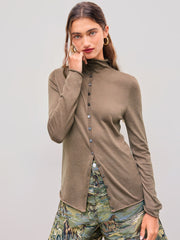 Wool-blend High Neck Solid Ruched Button Long Sleeve Top