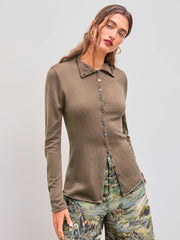 Wool-blend High Neck Solid Ruched Button Long Sleeve Top