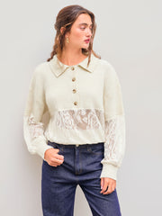 Knit Polo Solid Lace Patched Button Long Sleeve Top