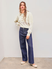 Knit Polo Solid Lace Patched Button Long Sleeve Top