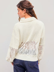 Knit Polo Solid Lace Patched Button Long Sleeve Top