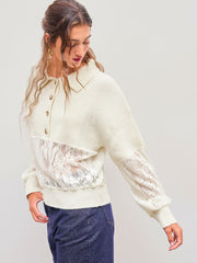 Knit Polo Solid Lace Patched Button Long Sleeve Top