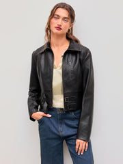 Faux Leather Collar Solid Pocket Belted Jacket