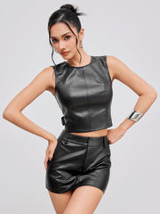 Faux Leather Round Neckline Solid Knotted Backless Crop Top