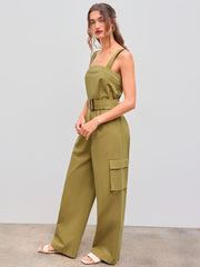 100% Cotton Solid Pocket Cargo Jumpsuit With Belt