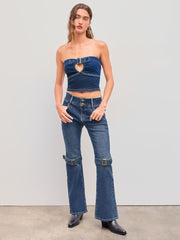 High Stretch Denim Mid Rise Solid Belted Flared Jeans