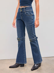 High Stretch Denim Mid Rise Solid Belted Flared Jeans